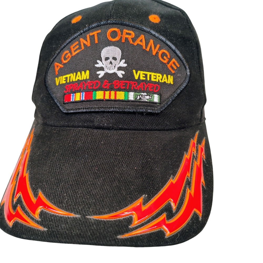 Mens OS Agent Orange Vietnam Veteran Hat Black Orange Skull Lightning Bolt Biker